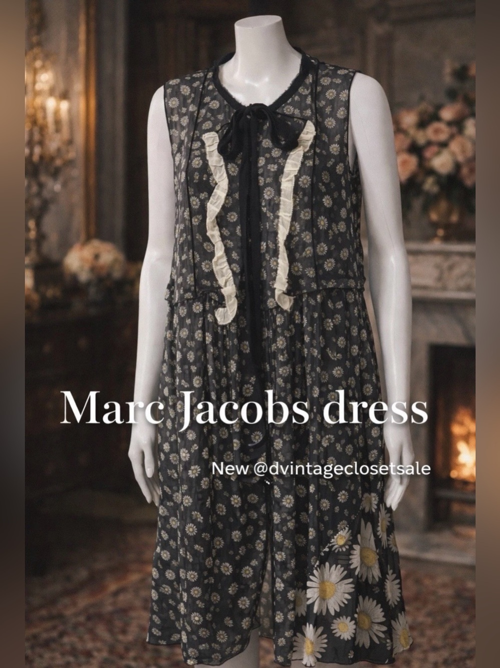 Marc Jacobs Daisy Floral Sheer Cotton Dress Black White Size 8 Like New - Picture 2 of 11
